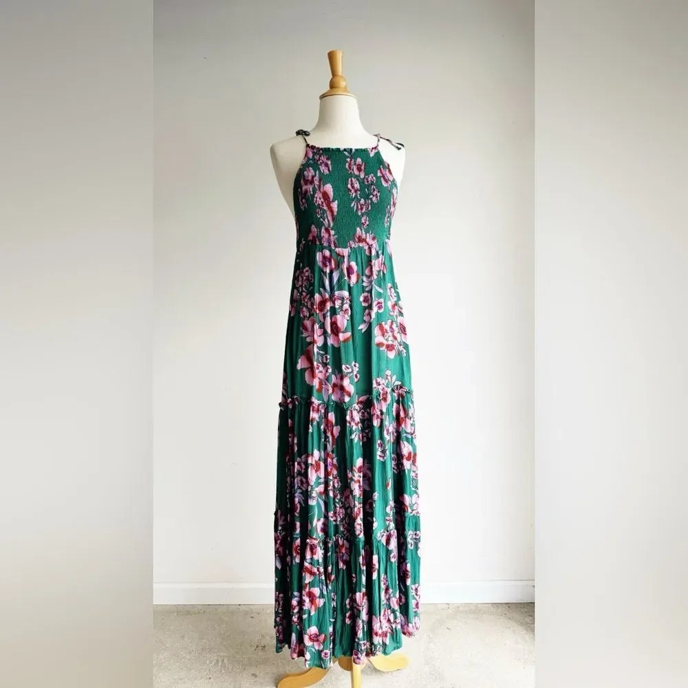 Free People Green Floral Maxi Dress with Pink Flowers - Picture 4 of 10